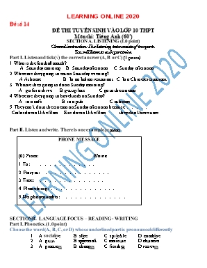 Đề thi tuyển sinh Lớp 10 THPT môn Tiếng Anh năm 2020 - Đề số 14